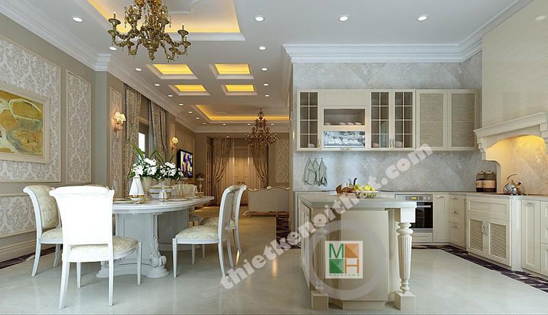 Phòng bếp với sự kết hợp giữa tone màu trắng và nội thất tân cổ điển mang đến cảm giác sạch sẽ và sang trọng.